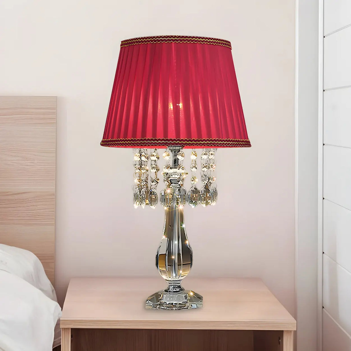 Elegant Fabric Pleated Shade Crystal Decor Table Lamp Image - 4