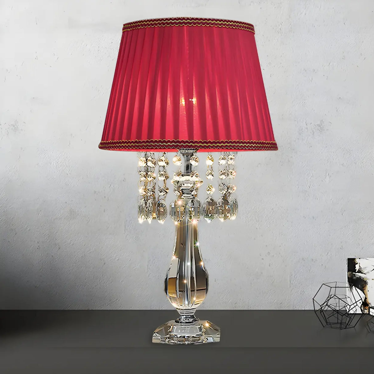 Elegant Fabric Pleated Shade Crystal Decor Table Lamp Image - 6