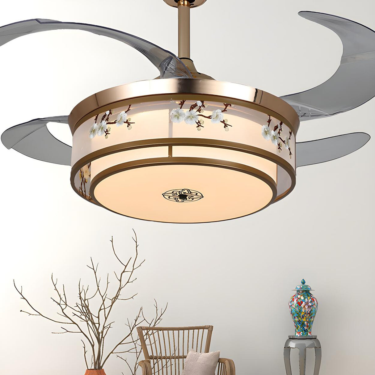 Elegant Floral Drum LED Modern Ceiling Fan with Light Image - 1