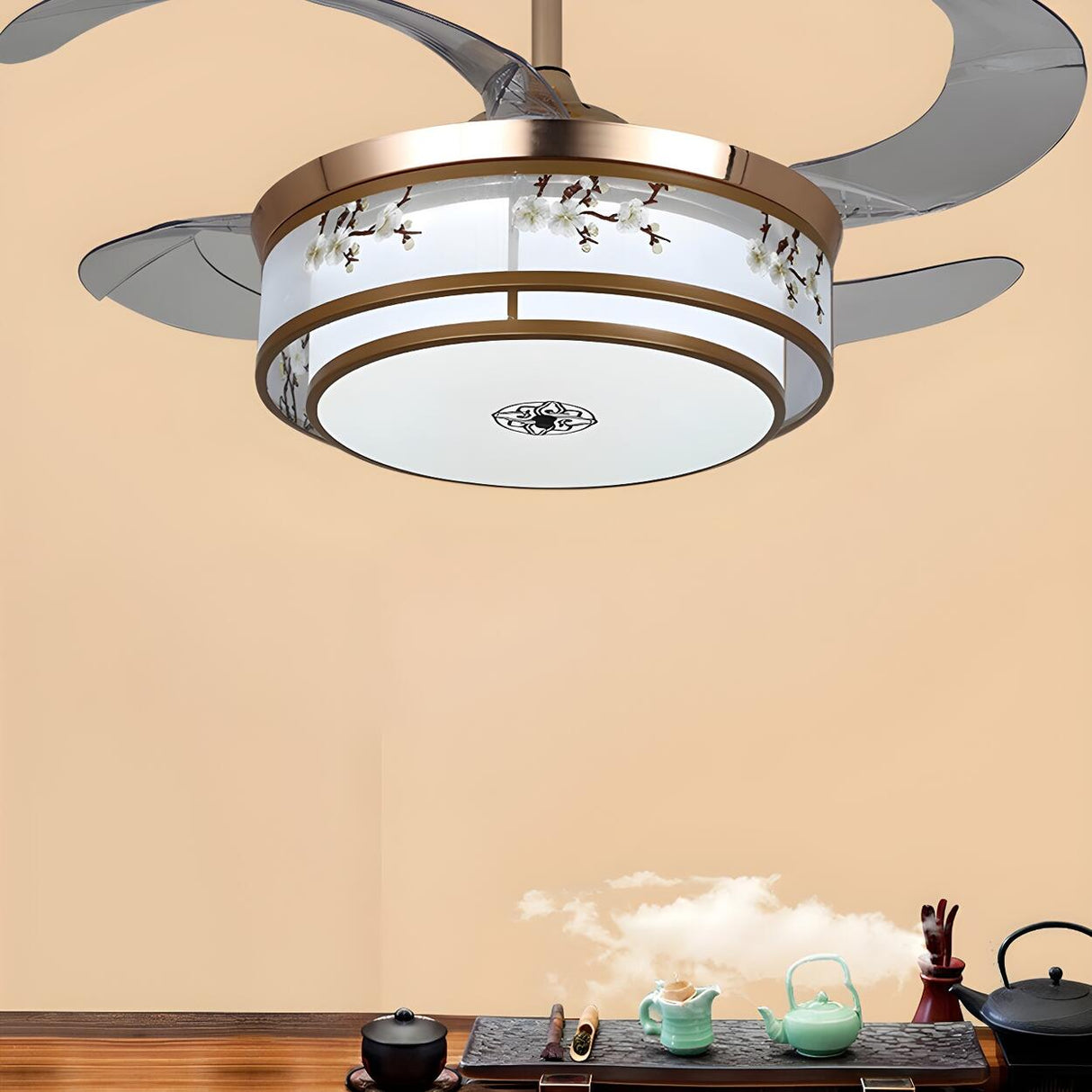 Elegant Floral Drum LED Modern Ceiling Fan with Light Image - 10