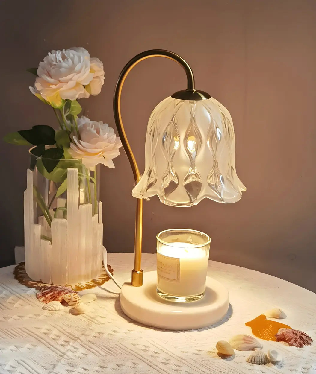 Elegant Floral Glass Shade Candle Melt Decor Table Lamp Image - 12