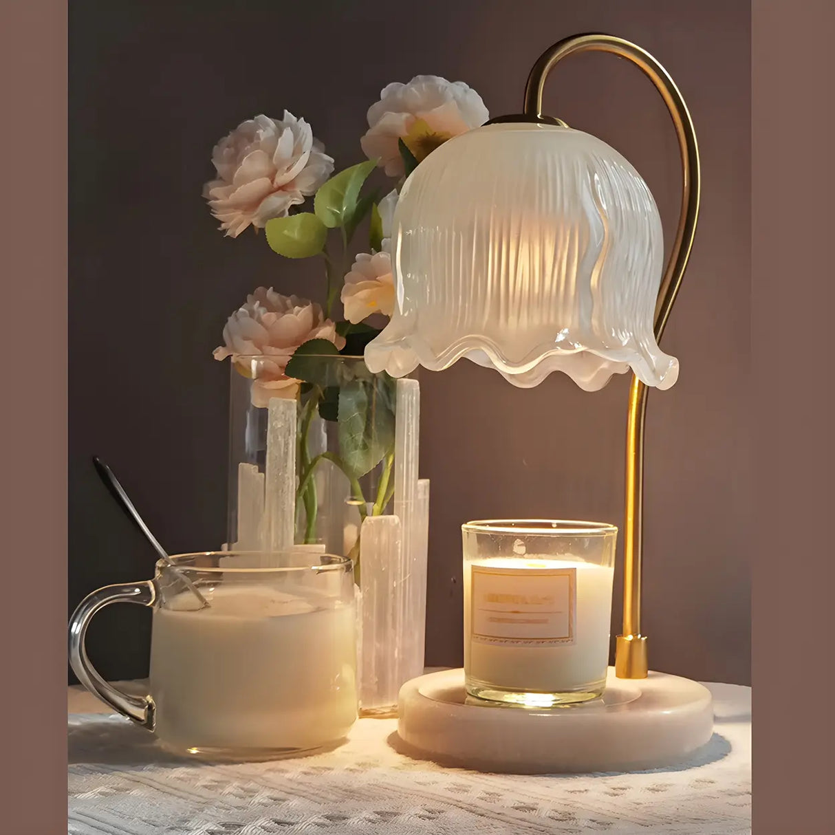 Elegant Floral Glass Shade Candle Melt Decor Table Lamp Image - 14