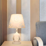 Elegant Floral White Geometric Fabric Shade Table Lamp Image - 1