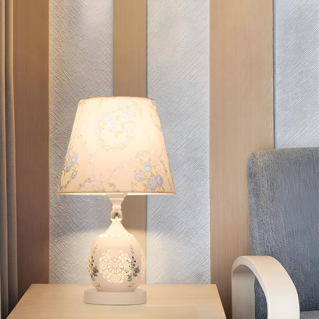 Elegant Floral White Geometric Fabric Shade Table Lamp Image - 1