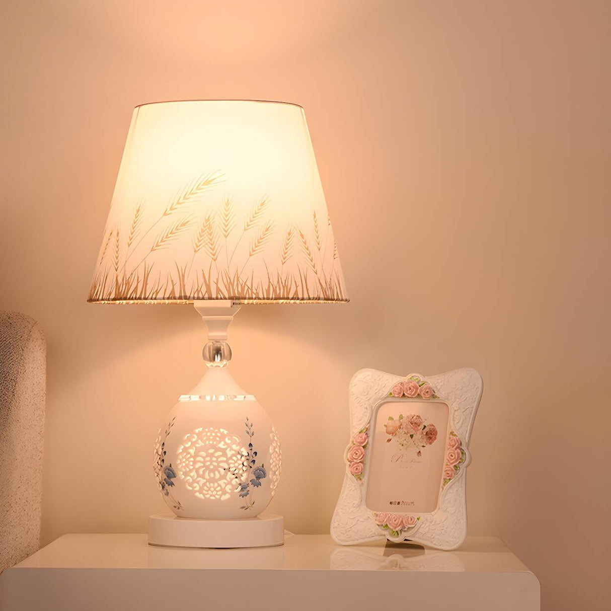 Elegant Floral White Geometric Fabric Shade Table Lamp Image - 10