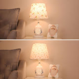 Elegant Floral White Geometric Fabric Shade Table Lamp Image - 11