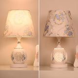 Elegant Floral White Geometric Fabric Shade Table Lamp Image - 12