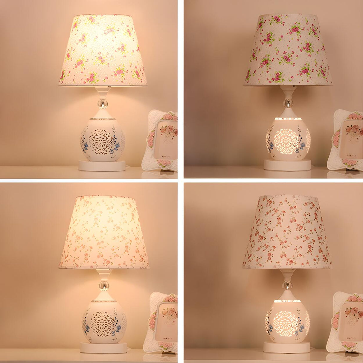 Elegant Floral White Geometric Fabric Shade Table Lamp Image - 14