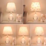 Elegant Floral White Geometric Fabric Shade Table Lamp Image - 15