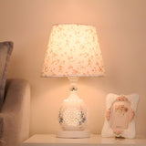 Elegant Floral White Geometric Fabric Shade Table Lamp Image - 4