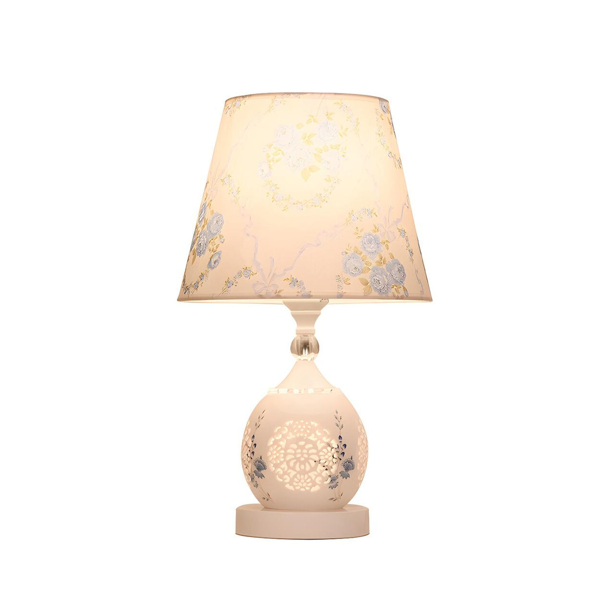 Elegant Floral White Geometric Fabric Shade Table Lamp Image - 6