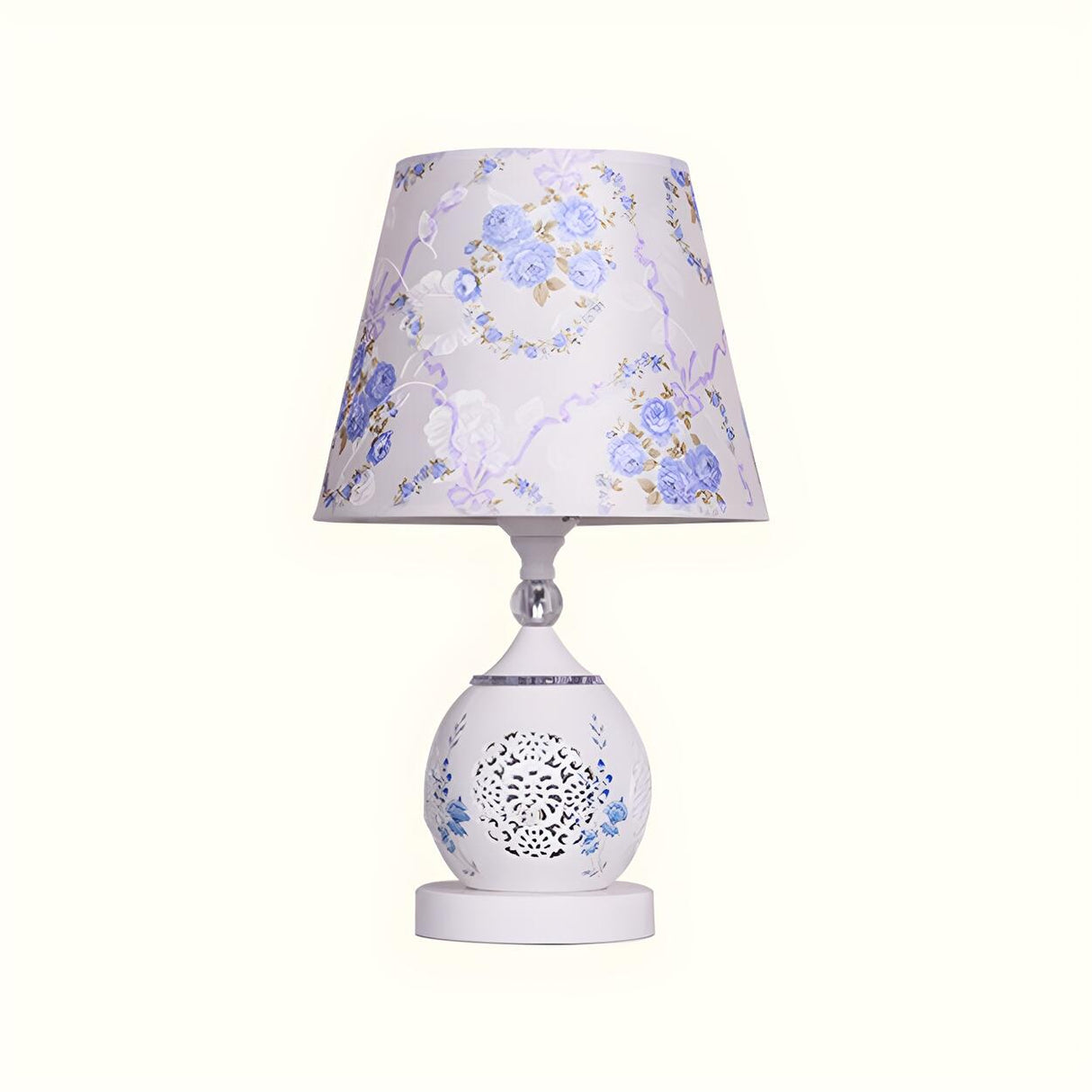 Elegant Floral White Geometric Fabric Shade Table Lamp Image - 7