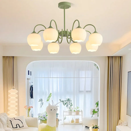 Elegant Floral White Glass Green Pendant Chandelier Image - 1