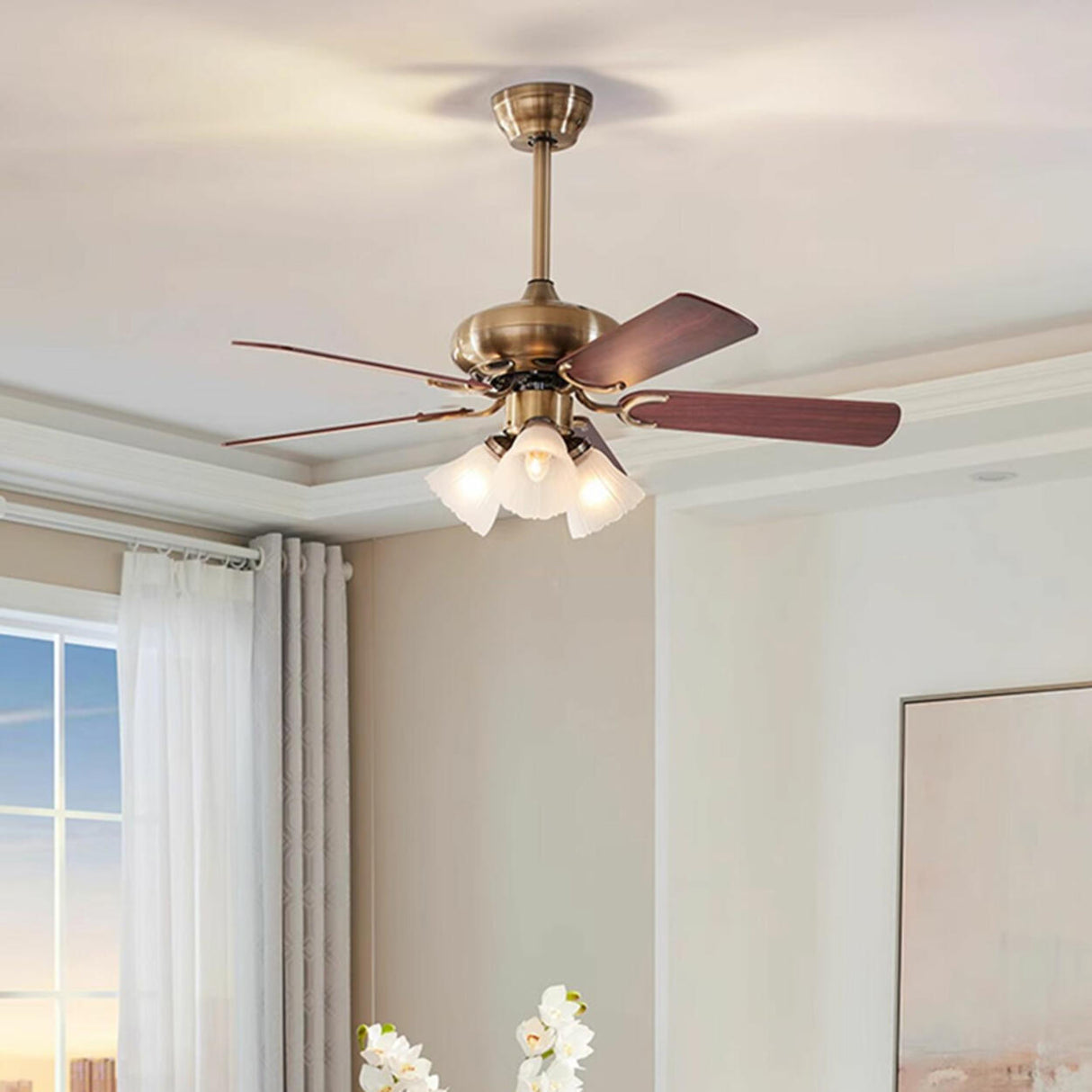 Elegant Floral Wood Blades Chandelier Fan with Lights Image - 2