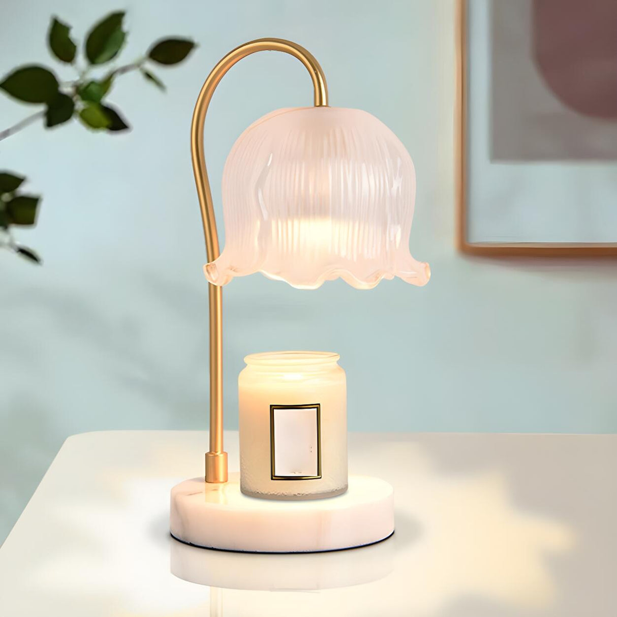 Elegant Flower Glass Shade Candle Warmer Table Lamp Image - 4