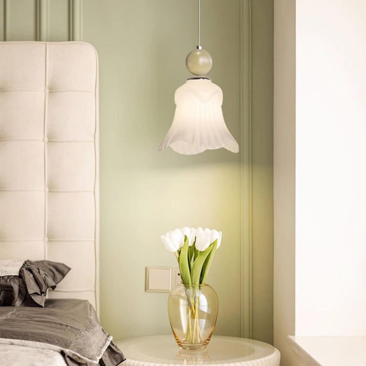 Elegant Flower White Glass Bedroom Pendant Light Image - 6