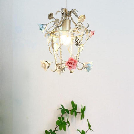 Elegant French White Metal Floral Pink Rose Pendant Light Image - 1