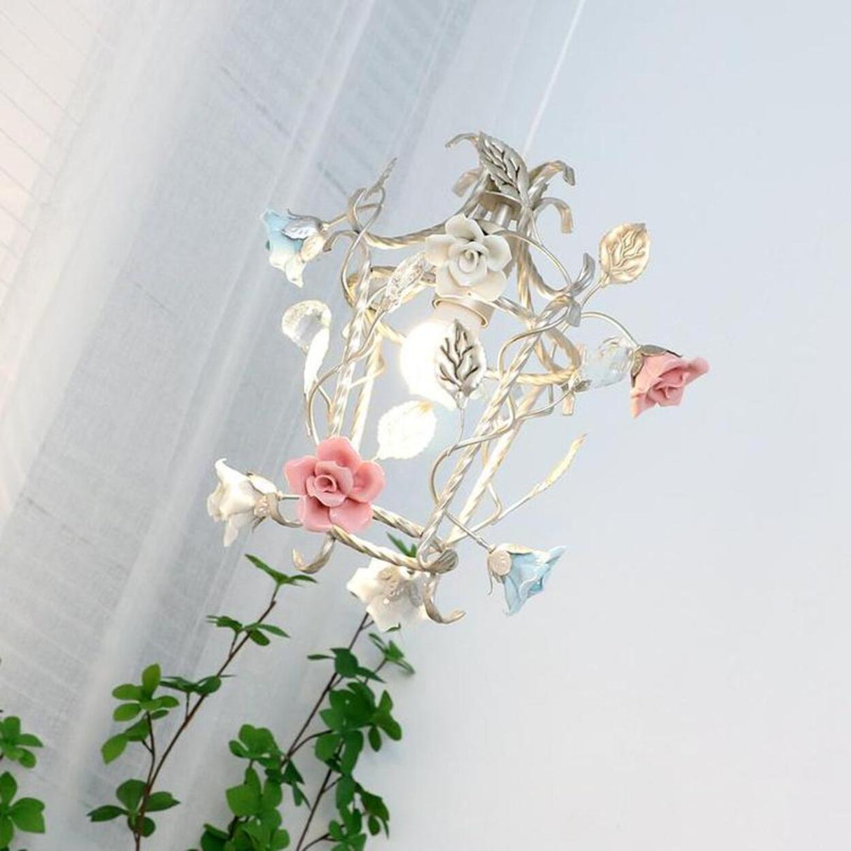 Elegant French White Metal Floral Pink Rose Pendant Light Image - 2