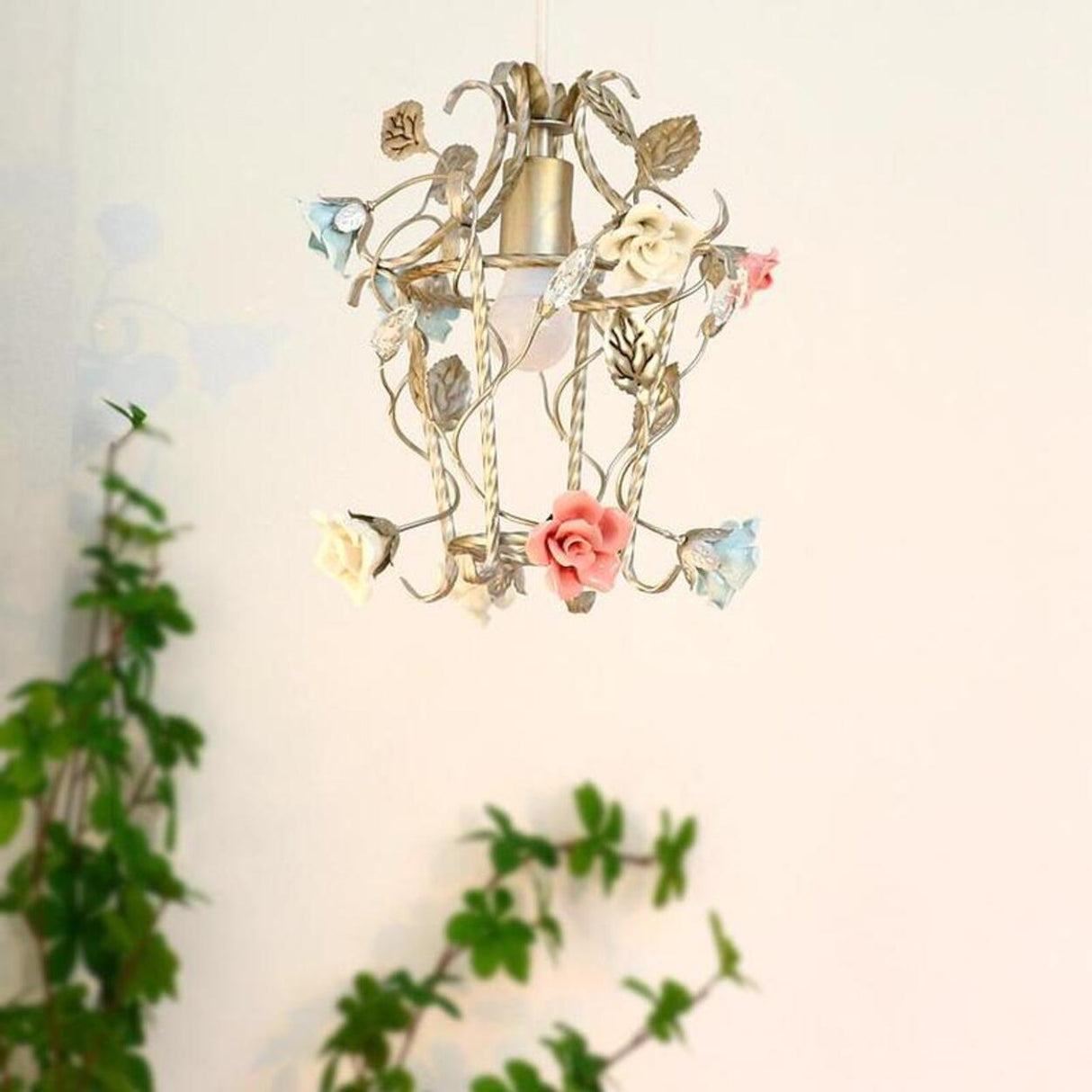 Elegant French White Metal Floral Pink Rose Pendant Light Image - 3