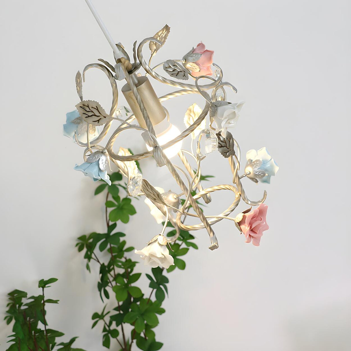 Elegant French White Metal Floral Pink Rose Pendant Light Image - 4