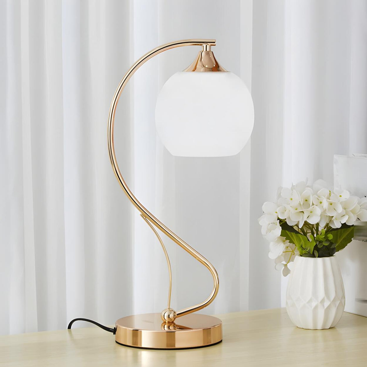 Elegant Frosted Glass Shade Arc Metal Base Table Lamp Image - 13