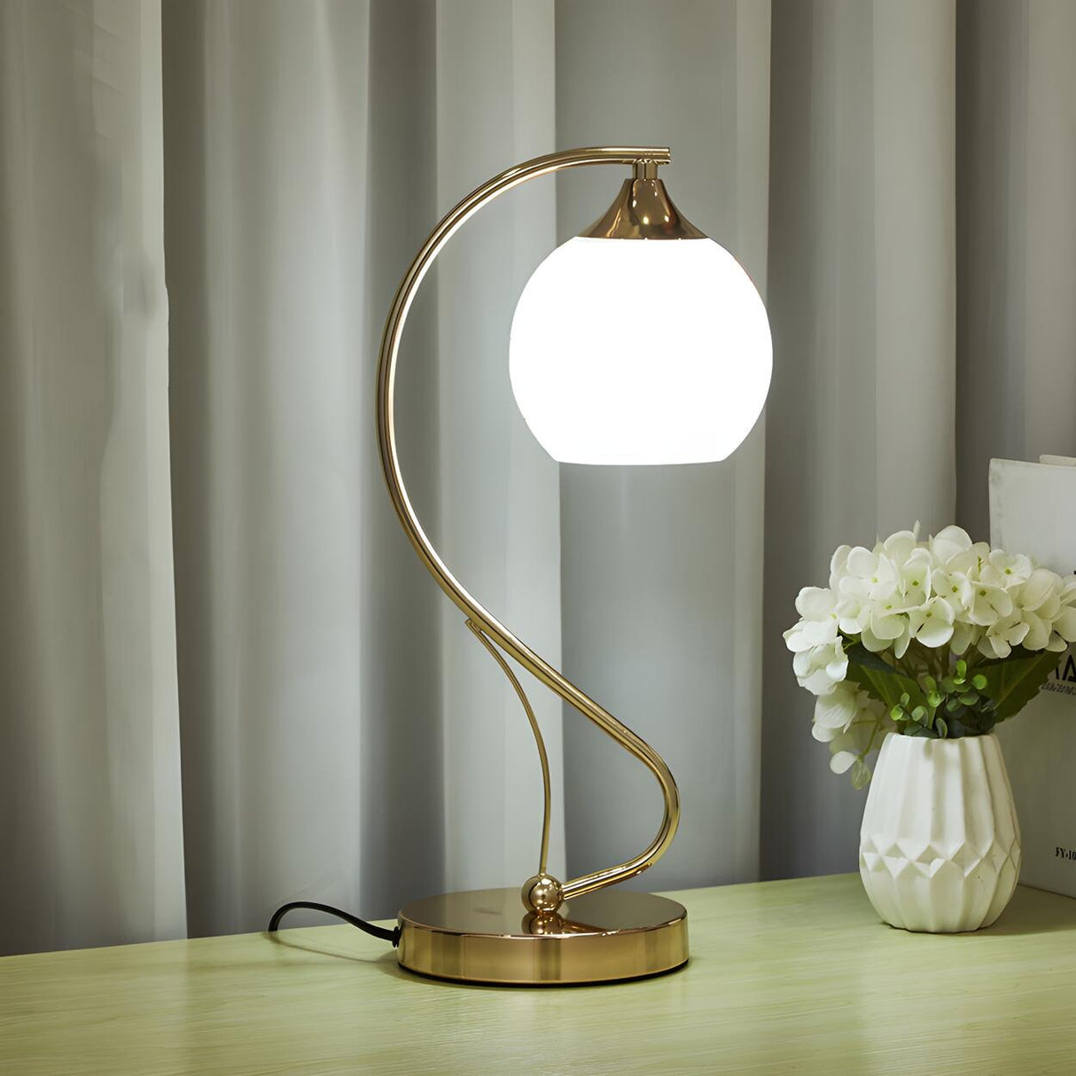 Elegant Frosted Glass Shade Arc Metal Base Table Lamp Image - 14