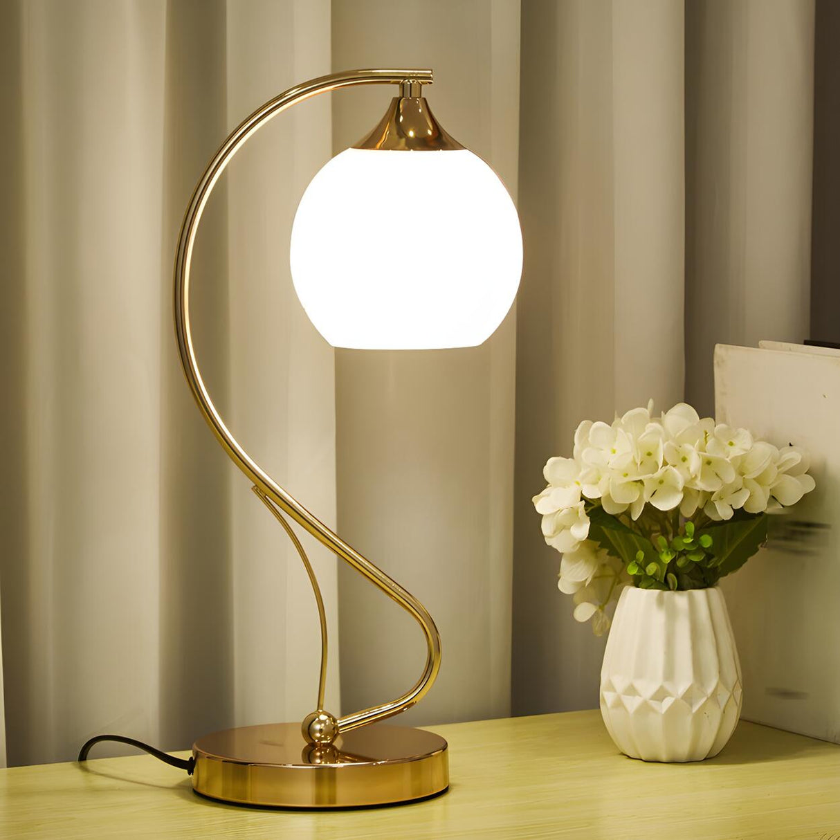 Elegant Frosted Glass Shade Arc Metal Base Table Lamp Image - 3