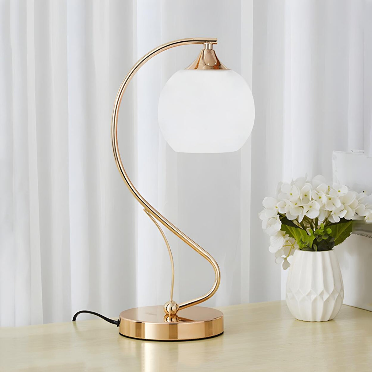 Elegant Frosted Glass Shade Arc Metal Base Table Lamp Image - 8