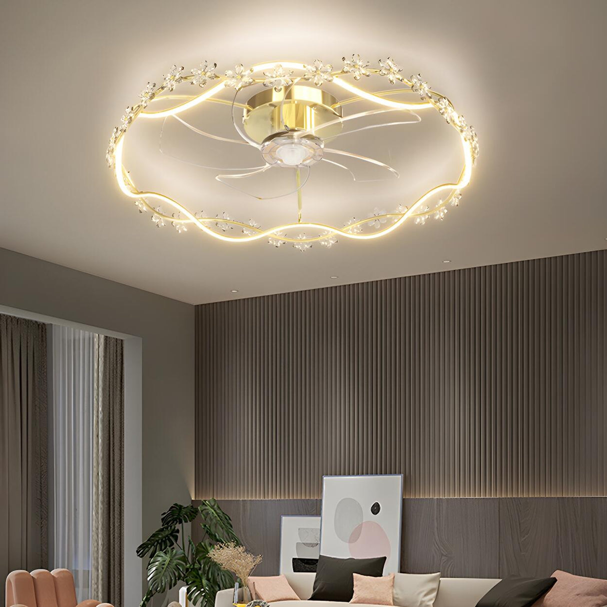 Elegant Garland Circle Flush Ceiling Fan with Light Image - 1