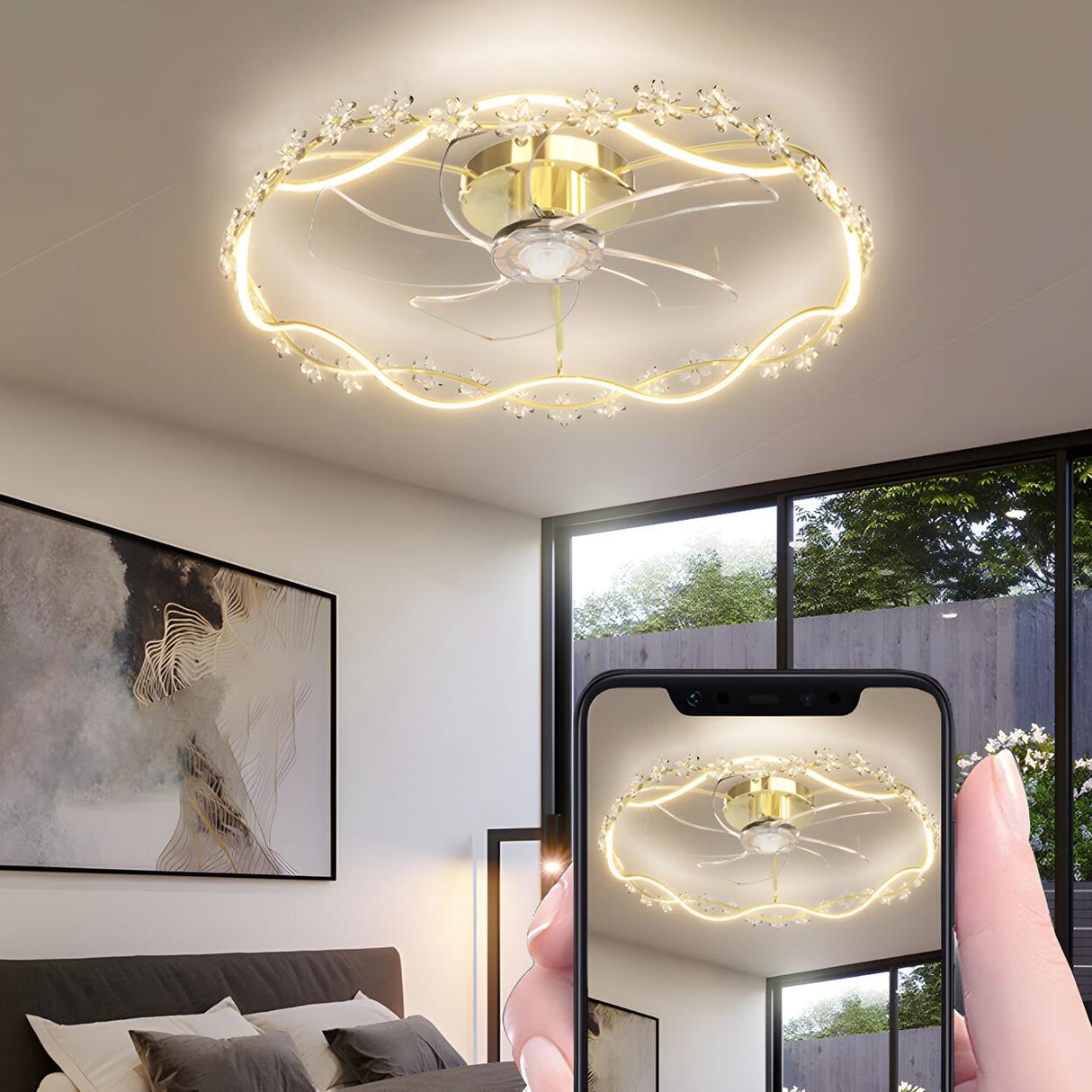 Elegant Garland Circle Flush Ceiling Fan with Light Image - 13