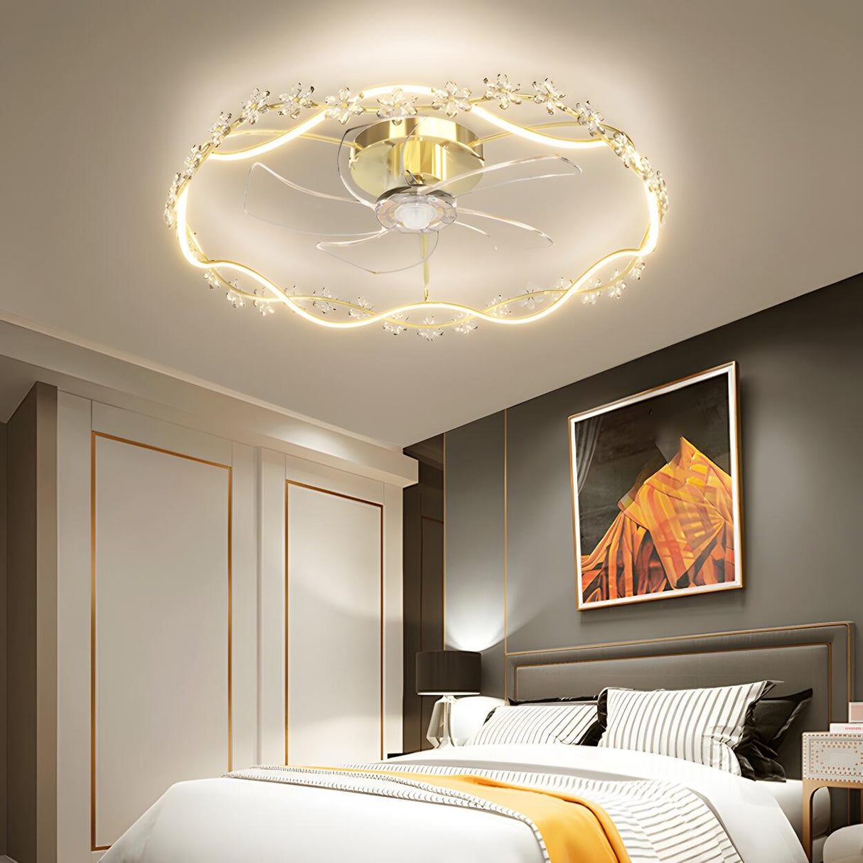 Elegant Garland Circle Flush Ceiling Fan with Light Image - 2