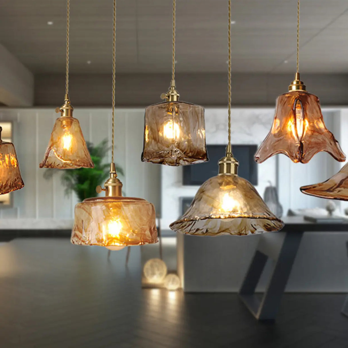 Elegant Geometric Amber Clear Glass Pendant Light Set Image - 18