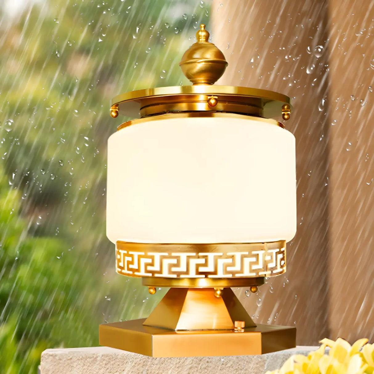 Elegant Geometric Brass Finish Outdoor Pillar Lamp Image - 1