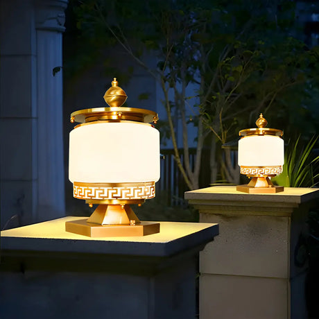 Elegant Geometric Brass Finish Outdoor Pillar Lamp Image - 2