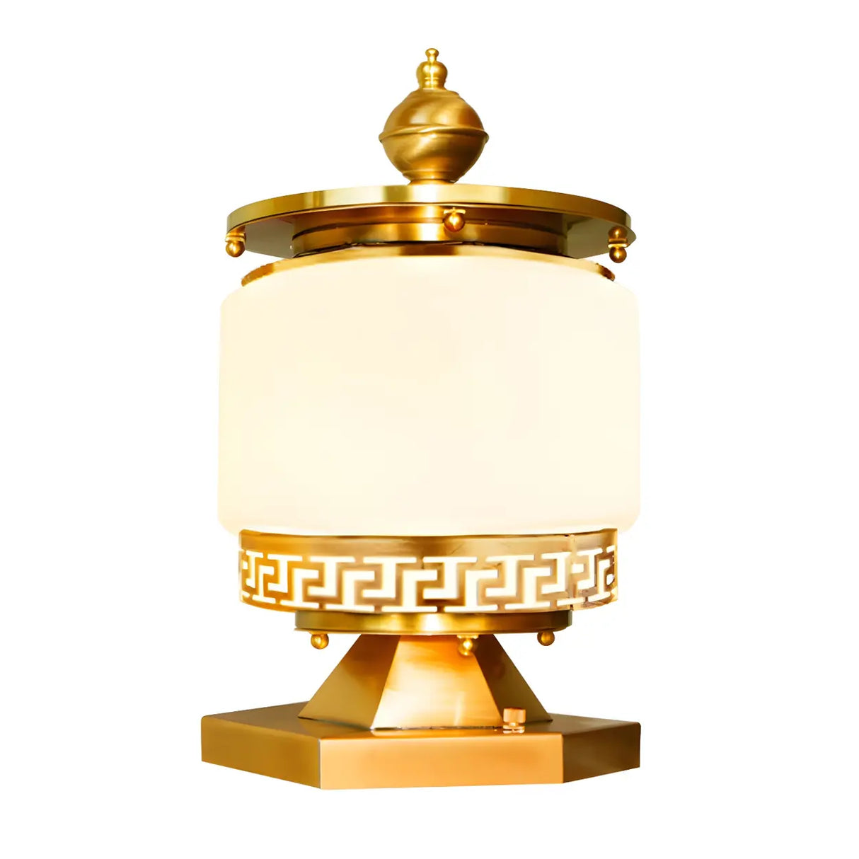 Elegant Geometric Brass Finish Outdoor Pillar Lamp Image - 5