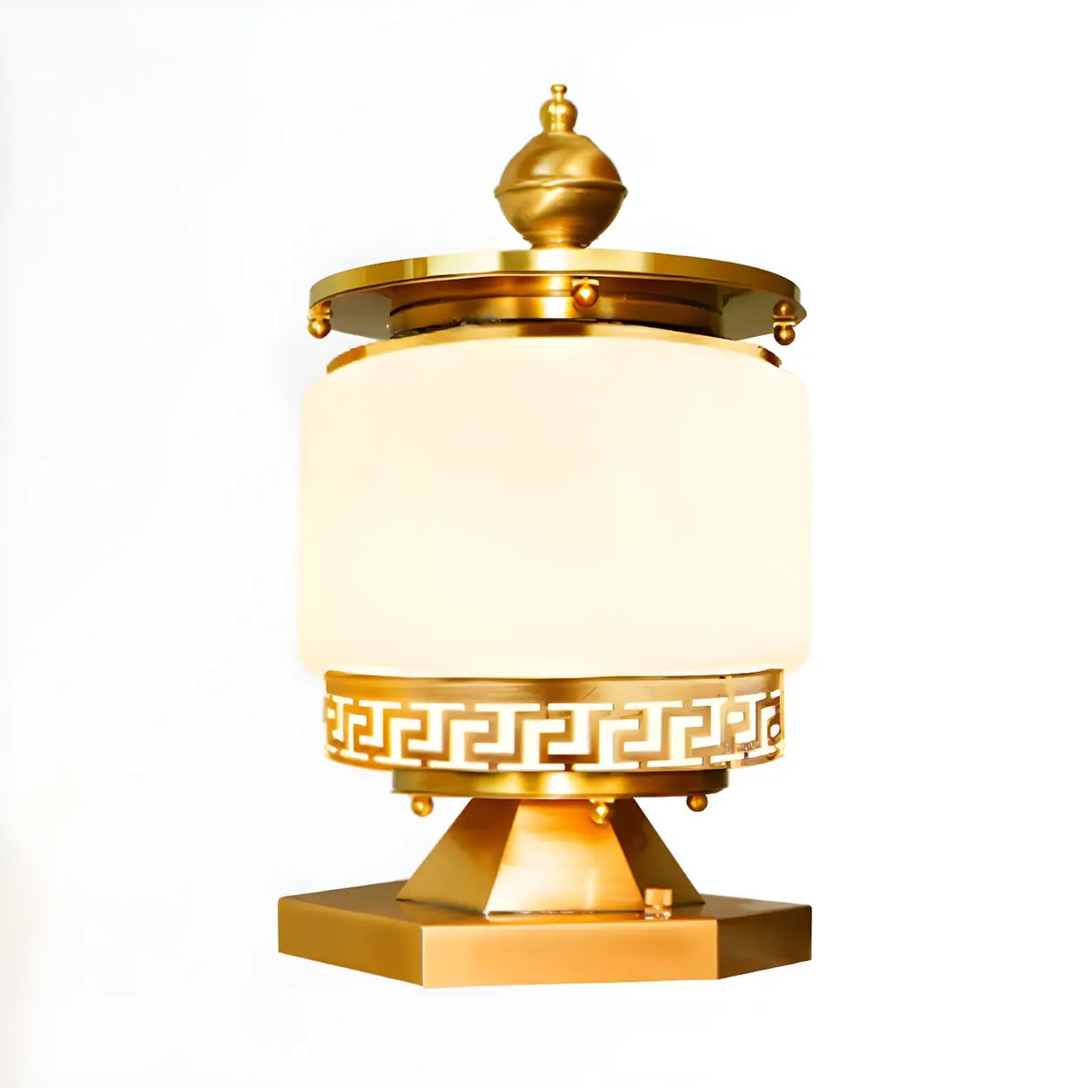 Elegant Geometric Brass Finish Outdoor Pillar Lamp Image - 6