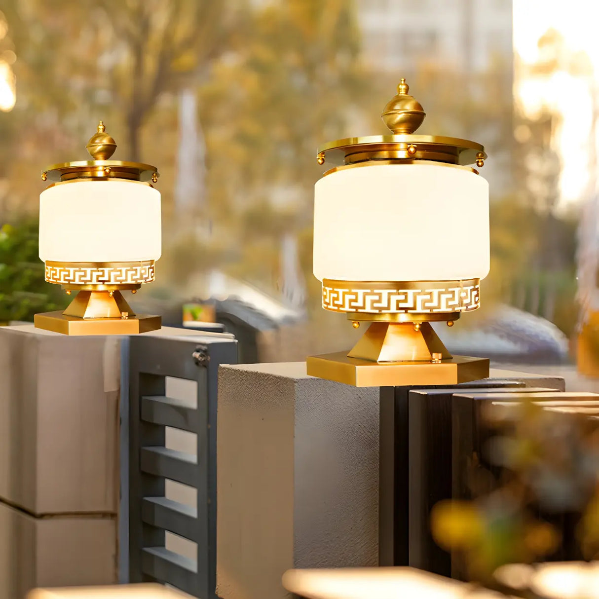 Elegant Geometric Brass Finish Outdoor Pillar Lamp Image - 8