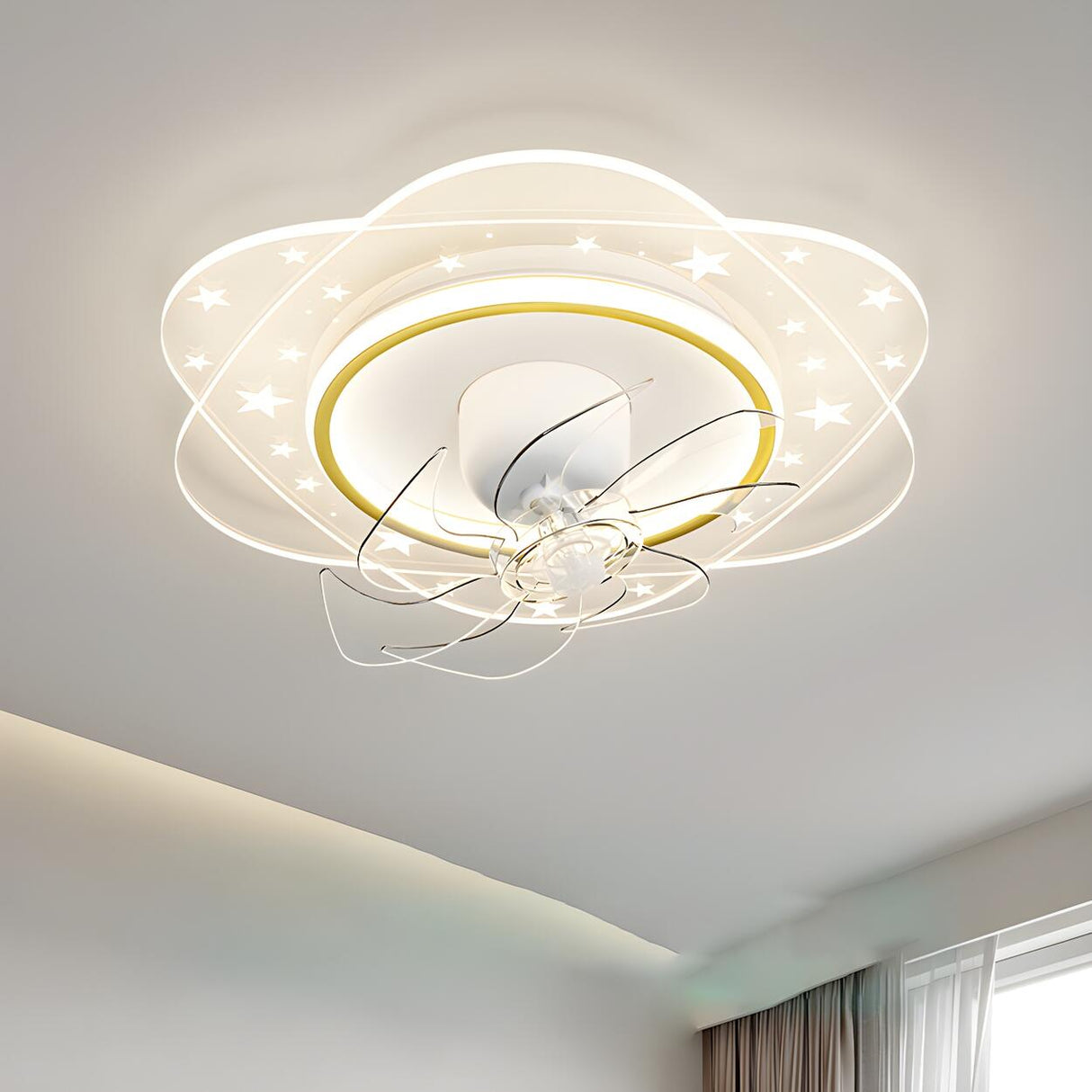 Elegant Geometric White Star LED Ceiling Fan with Light Image - 1