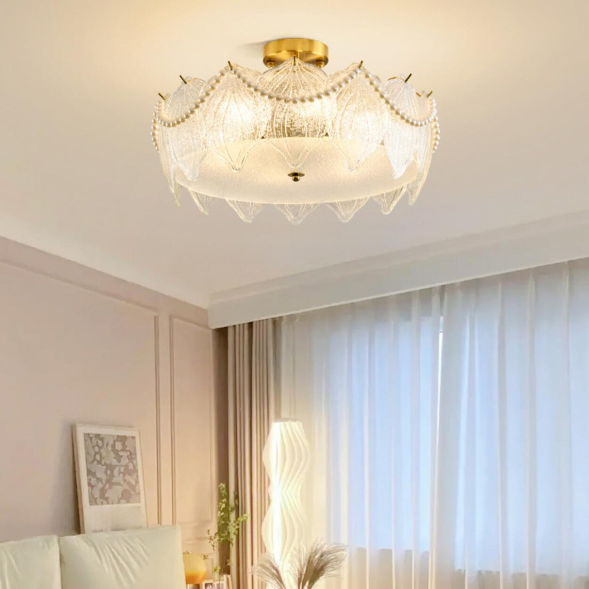 Elegant Glass Shell Semi-Flush Mount Light Living Room Image - 4