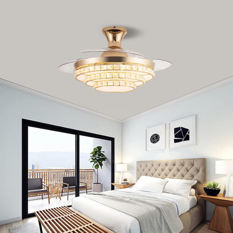 Elegant Gold 4 Blades Round Crystal Ceiling Fan Light Image - 1