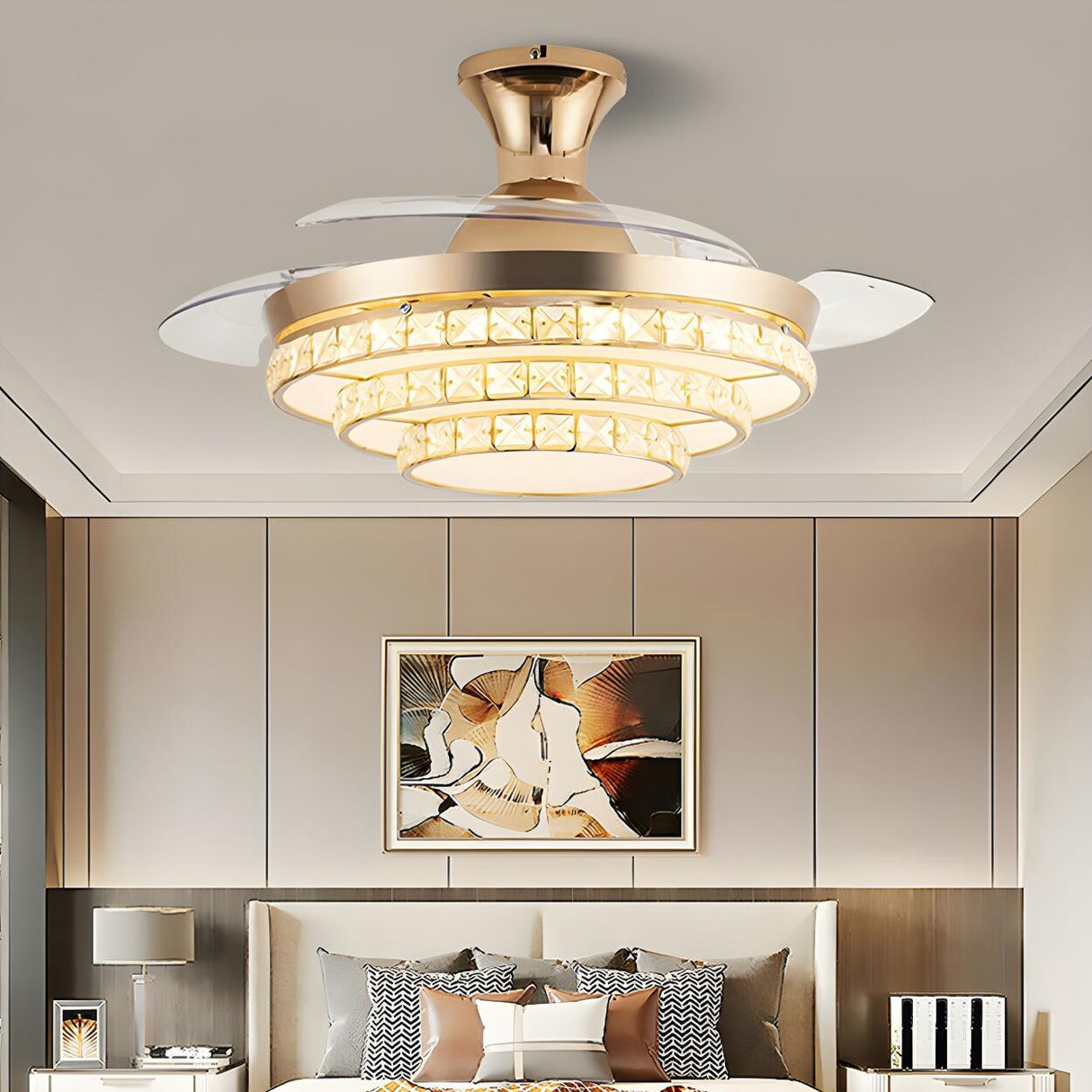 Elegant Gold 4 Blades Round Crystal Ceiling Fan Light Image - 6