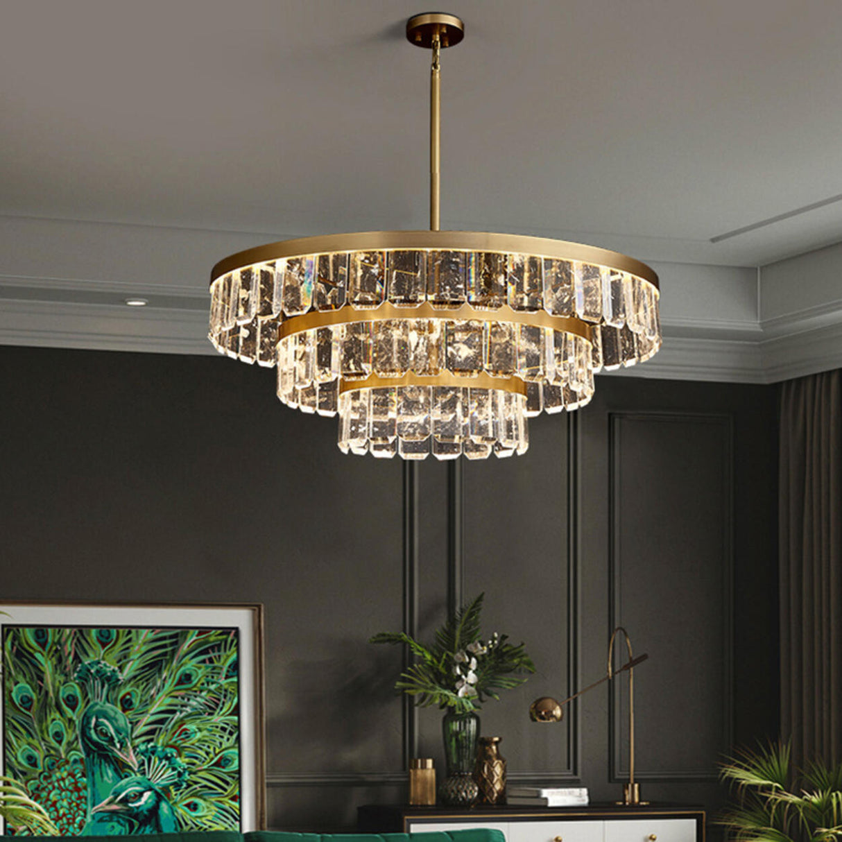 Elegant Gold and Tierd Ring Crystal Chandelier Image - 7