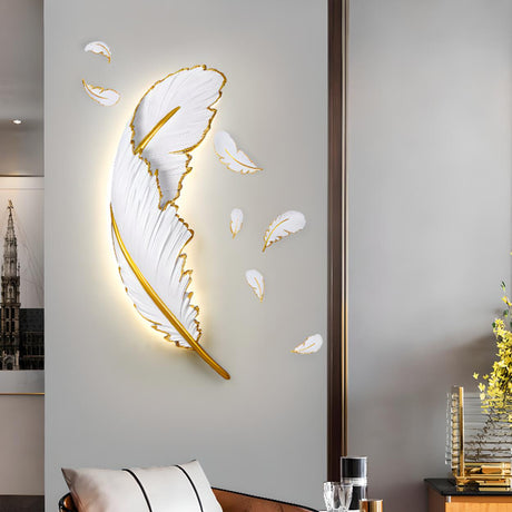 Elegant Gold and White Feather Design Wall Sconce Image - 1