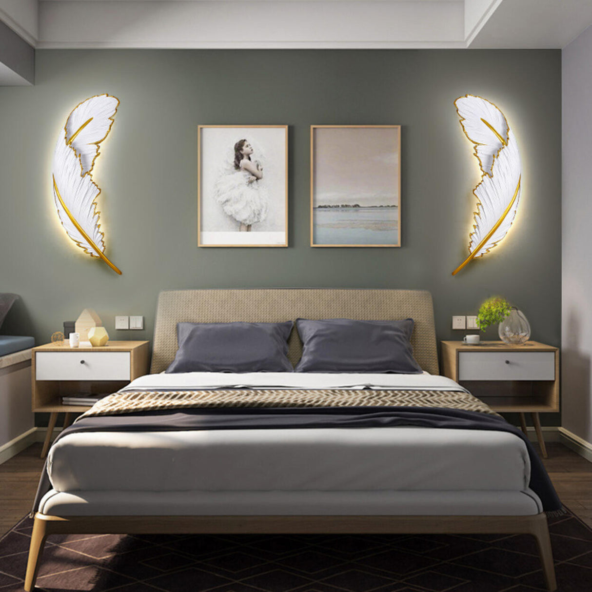 Elegant Gold and White Feather Design Wall Sconce Image - 2