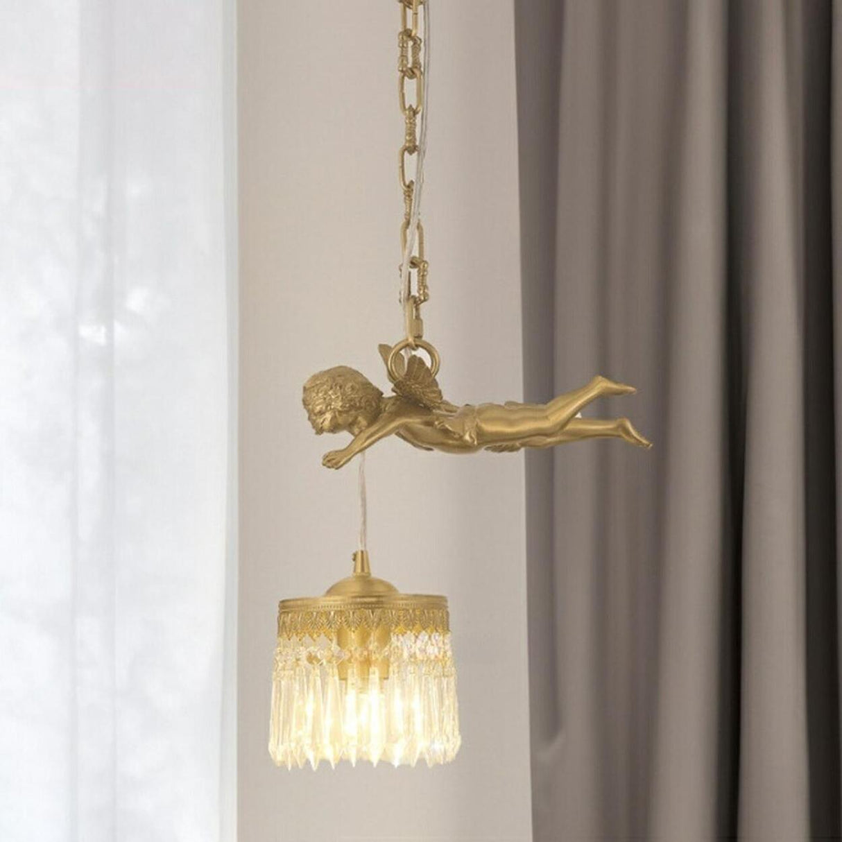 Elegant Gold Angel Crystal Adjustable Height Pendant Light Image - 1