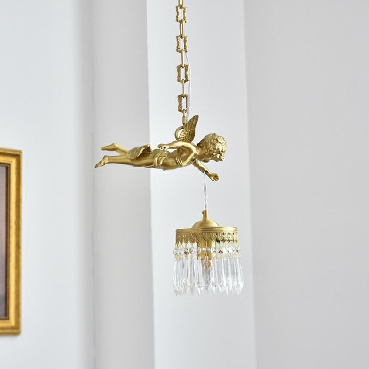 Elegant Gold Angel Crystal Adjustable Height Pendant Light Image - 4