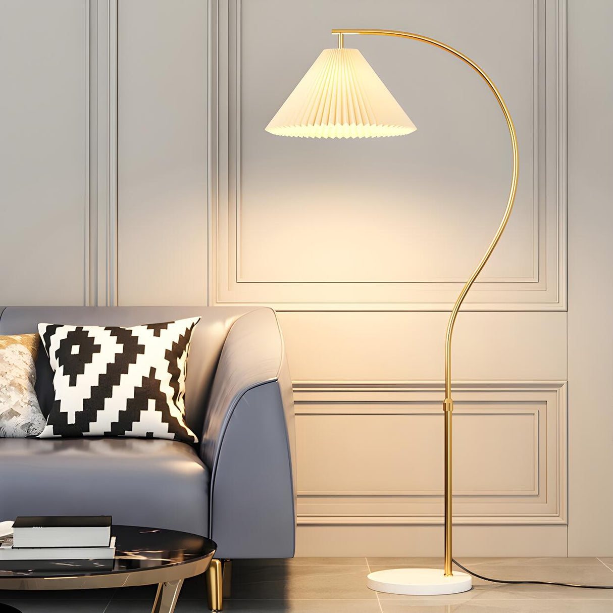 Elegant Gold Arc LED Floor Lamp with Pleated Shade Image - 1