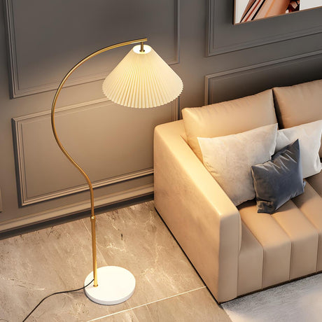 Elegant Gold Arc LED Floor Lamp with Pleated Shade Image - 2