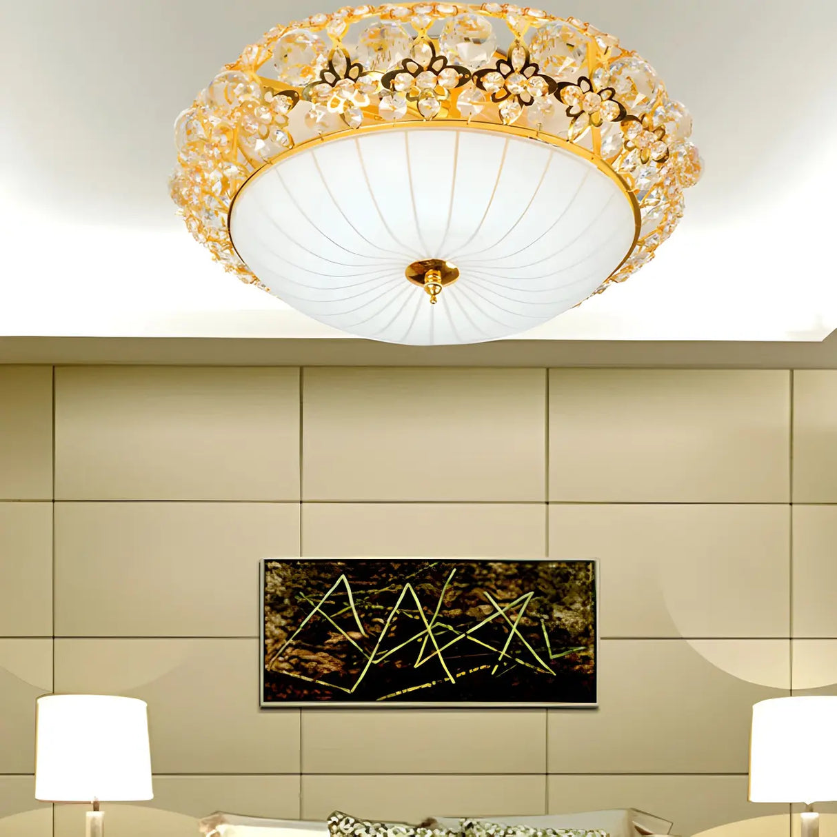 Elegant Gold Bowl-Shaped Crystal Semi-Flush Mount Light Image - 4