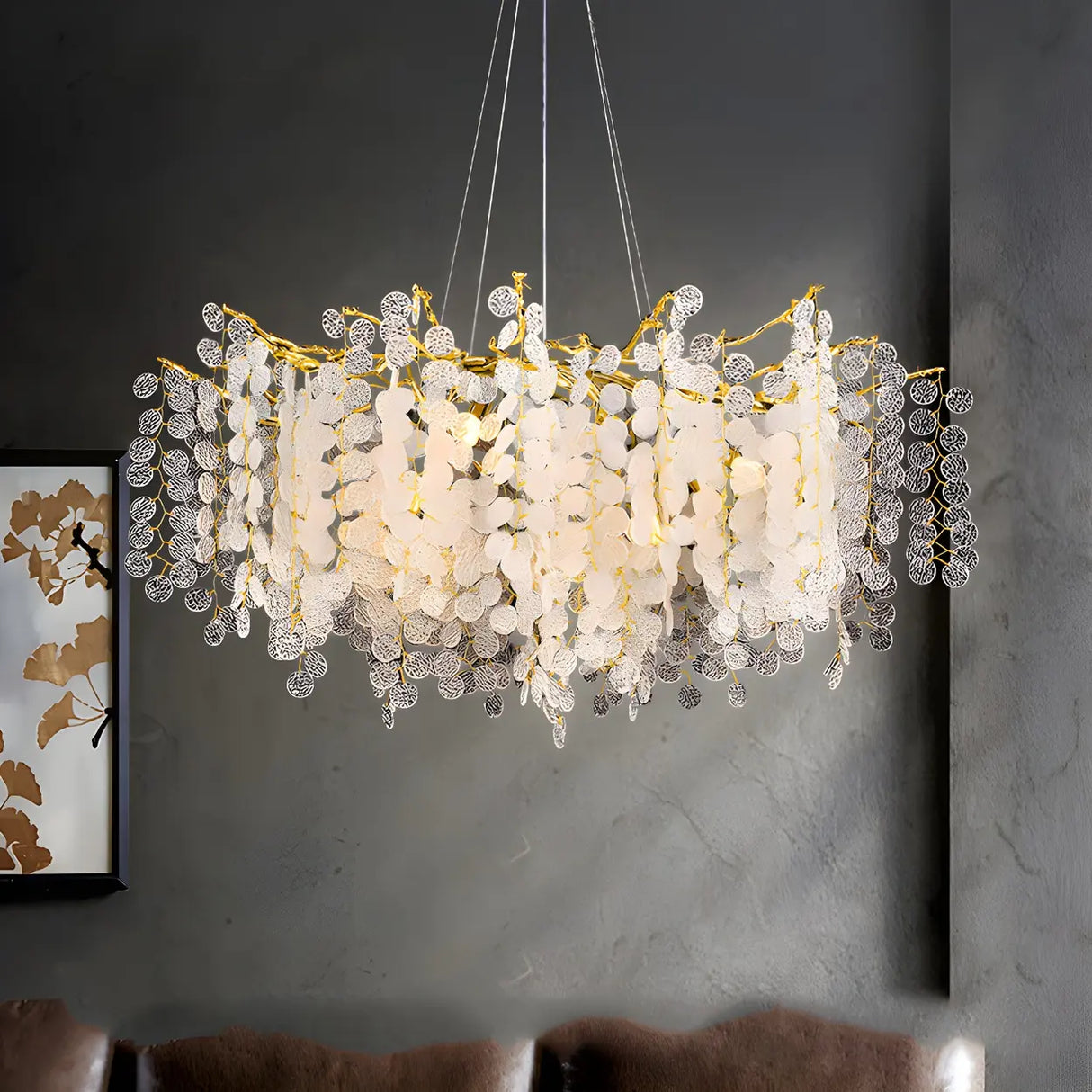 Elegant Gold Branch Leaf Clear Glass Pendant Chandelier Image - 4